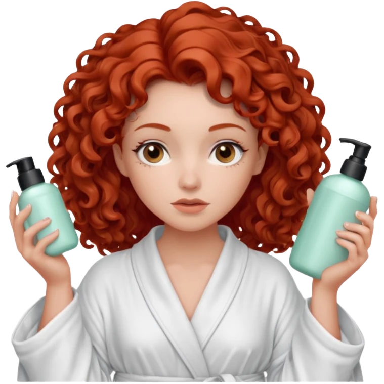 Cartoon emoji of a girl with voluminous curly red hair, fair skin, warm brown eyes. Wearing a chic milky silk robe with long sleeves, no makeup. Portrait mode, holding 3 moisterizers or different skin care products, looking super doubtful twisted and unsure. Smooth, simple, stylized." emoji