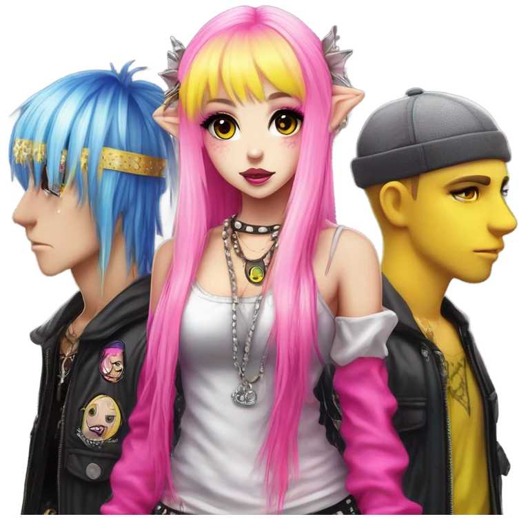 Blue eyed long eye lashes pout blonde and pink hair pale hime gyaru girl, hot pink and yellow split-dyed hair, nose ring, elf ears, dark makeup, punk clothes standing next to three diffrent men praying on their knees emoji