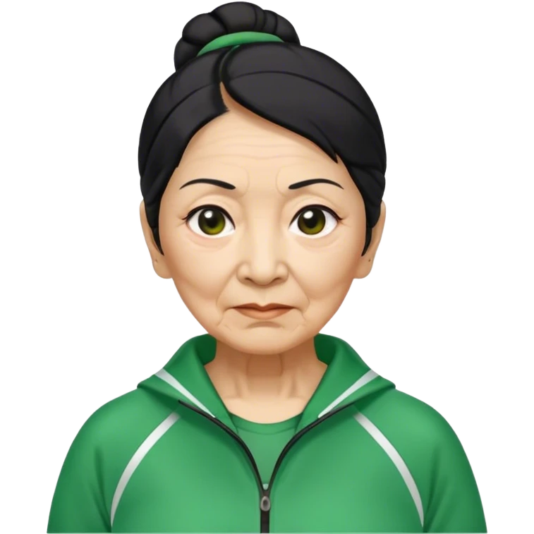 Cha: Age Late 50s, a Asian old woman with black hair tie, Green player tracksuit emoji