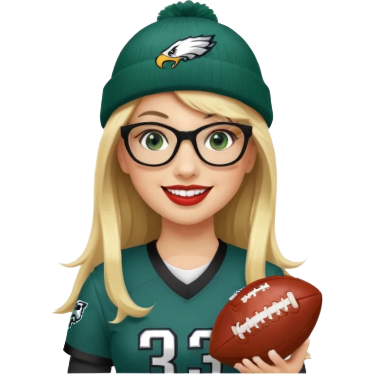 full length women wearing eagles uniform, long blonde hair, bangs, green eyes, black rectangle glasses, holding football, number 33, smiling, lipstick, eagles beanie emoji