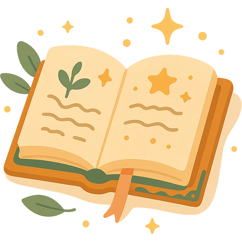 A cute open book lying on a cozy surface, designed in a soft and magical color palette: golden orange (FA9B41), deep forest green (4A7C5C), warm taupe brown (96775A), and pastel peach (FFCC9A). The pages are slightly aged with gentle curves, featuring whimsical illustrations, tiny stars, and elegant handwritten text. The book cover, visible beneath the open pages, has decorative patterns and a ribbon bookmark in peach and green tones. Around the book, add soft light, a few leaves, or glowing sparkles, creating a dreamy, enchanted, storybook-like atmosphere. The overall mood is warm, magical, and gentle emoji