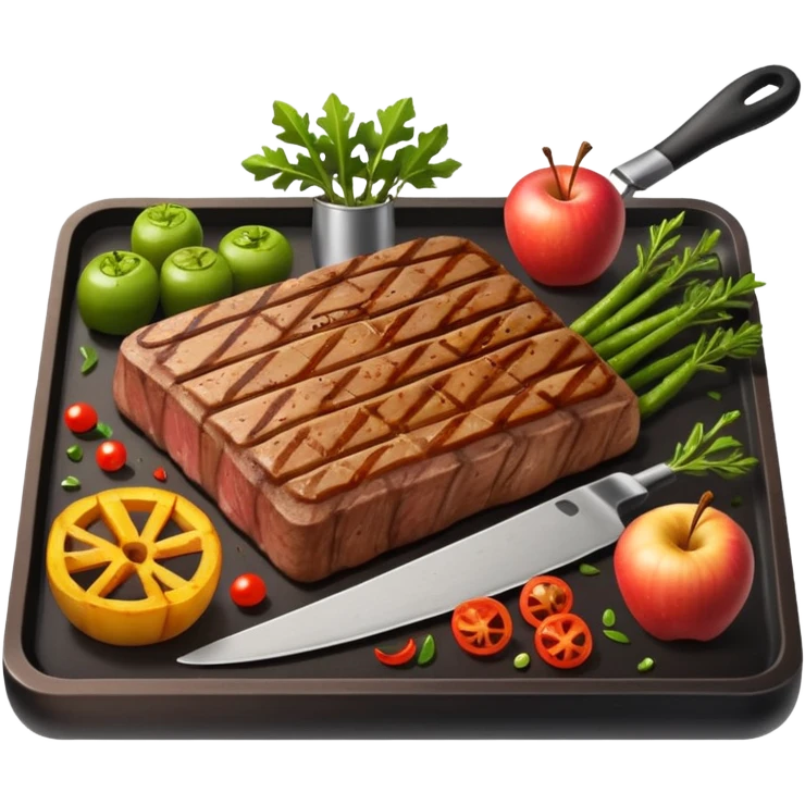 minimalist iOS style Apple emoji of a rectangular plancha with vegetables and meat emoji