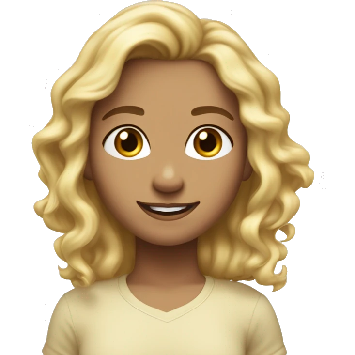 Hair: Blonde, wavy, voluminous.
Eyes: Dark brown, large, friendly.
Expression: Cheerful smile.
Face shape: Round with full cheeks.
Skin tone: Fair and glowing.
Clothing: Simple light-colored top. emoji