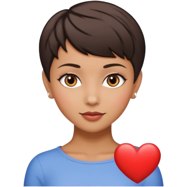 woman pixie cut dark brown hair, tan skin, brown oval eyes, heart shaped face emoji