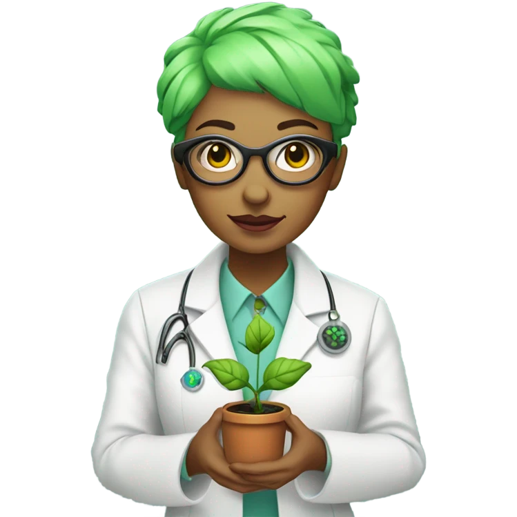 cyborg scientist wearing a lab coat and holding a small plant, woman with green hair, pixie cut emoji