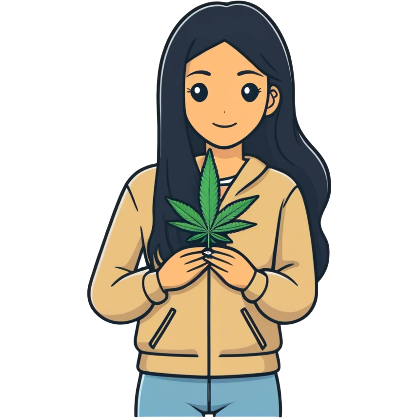 Woman with long black hair, tan skin, with marijuana emoji