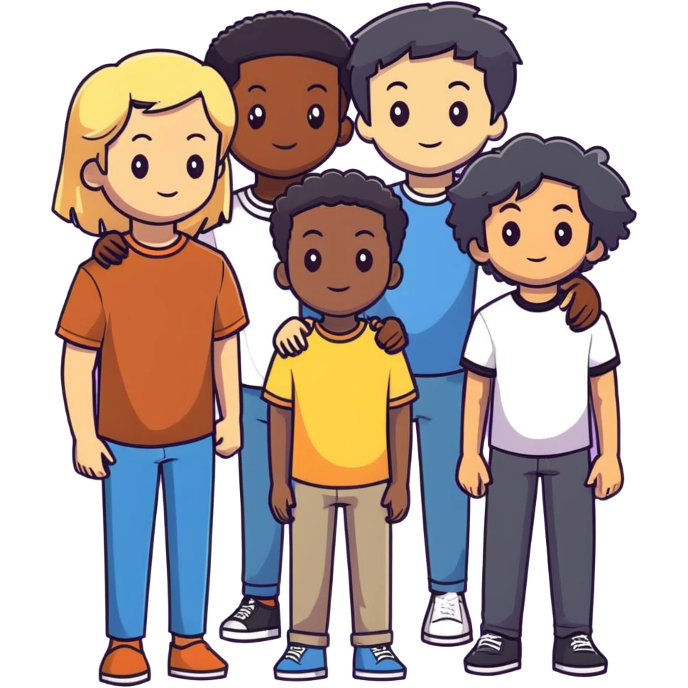 Group of diverse friends standing together, including a dark-skinned boy with straight hair, a light-skinned boy with straight blonde hair, a light-skinned girl with straight black hair, a mixed-race girl with straight brown hair, a light-skinned boy with wavy black hair, a mixed-race girl with dark curly hair, and in the center a light-skinned girl with wavy brown hair emoji