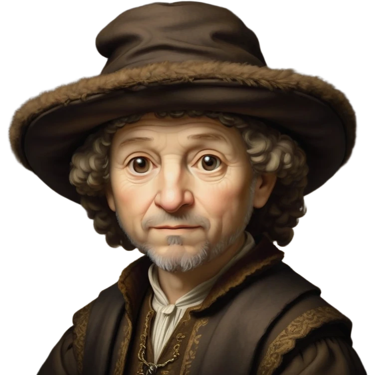 emoji of rembrandt,-shown-as-a-master-artist-with-deep,-introspective-eyes-and-richly-detailed-period-clothing,-rendered-with-dramatic-chiaroscuro-lighting-that-emphasizes-his-legacy brown puffy hat emoji