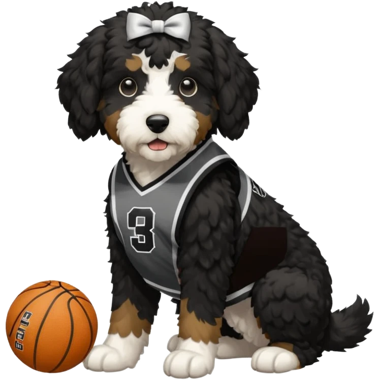 A black Bernedoodle with a white chest with a Providence college basketball jersey on  emoji