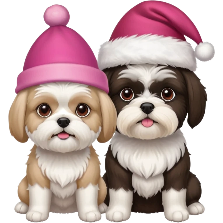 two dogs one little white all over shih tzu dog with pink santa hat and one mostly white with black havanese dog wearing a red santa hat emoji