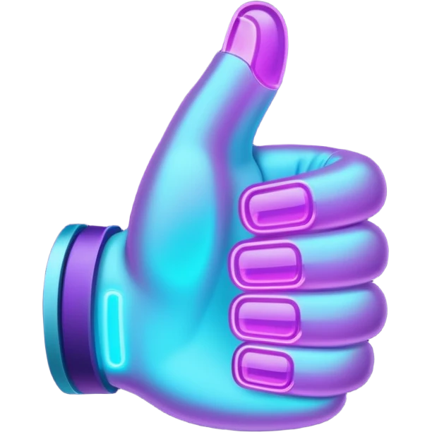 futuristic glowing thumbs up, neon purple and cyan light, dark background, digital tech style emoji