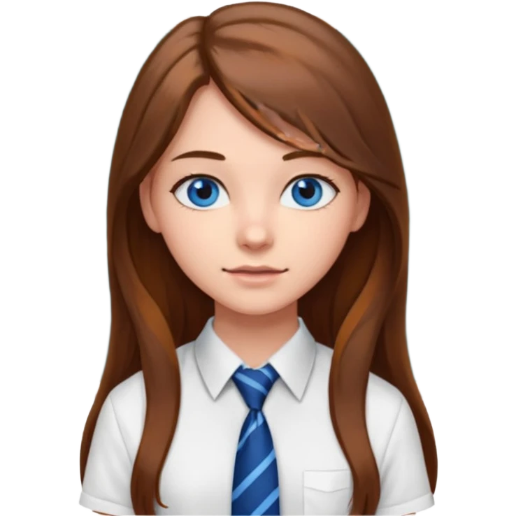 high school class room with a blackboard, with a pretty female high school student with long brown hair, blue eyes, wearing a tie emoji