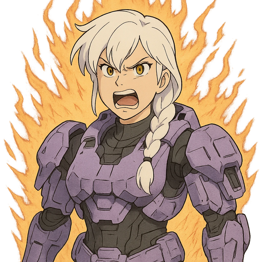 making an angry scowl rage face, rage aura,  female, wearing reach spartan armor shoulder-unequip, long white braid hair with massive messy front side single bangs, gold yellow eyes, attention pose, D-cup size, HALO:series, no helmet, the armor is lavender color scheme, emoji