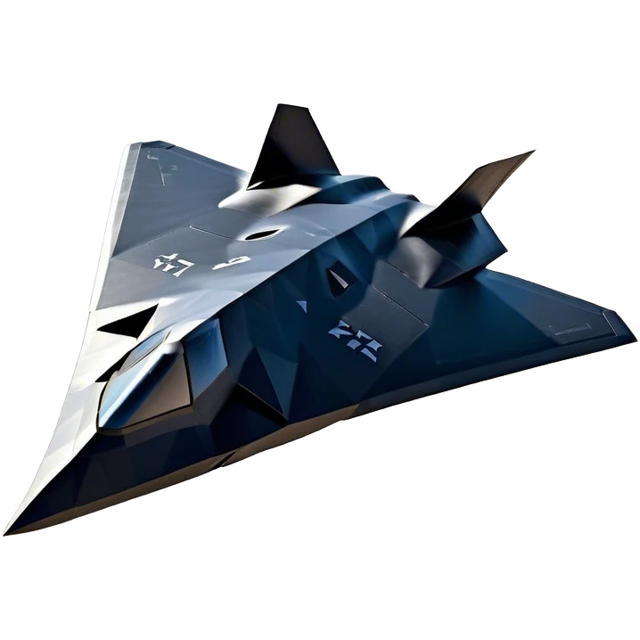F-117 Nighthawk - Lockheed Martin (Stealth Grey) A futuristic stealth attack aircraft with a distinct faceted, angular design in a stealthy matte grey. Its sharp, jagged edges and unconventional, almost alien-like shape make it look like a shadow cutting through the night sky. The surface should appear non-reflective with subtle panel lines. emoji