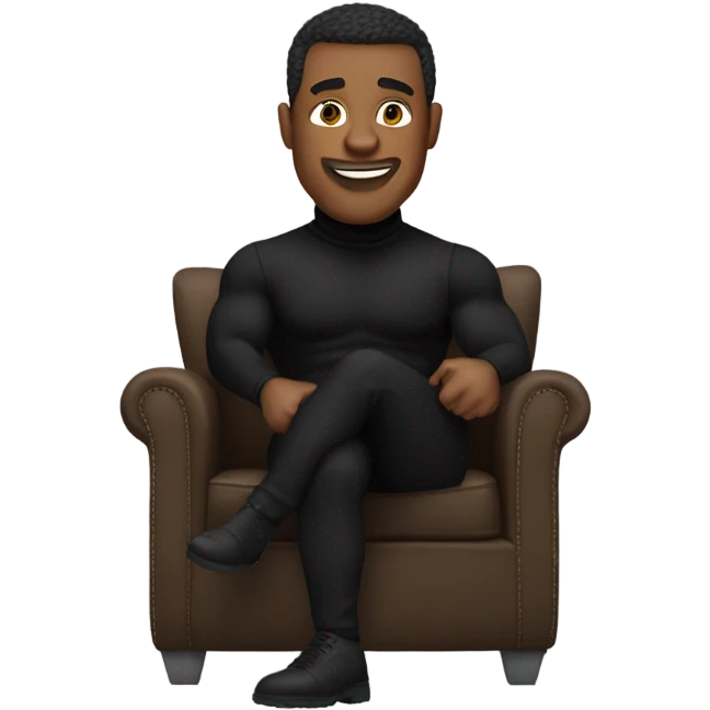 muscle man in black turtleneck shirt and black pants sitting in chair emoji