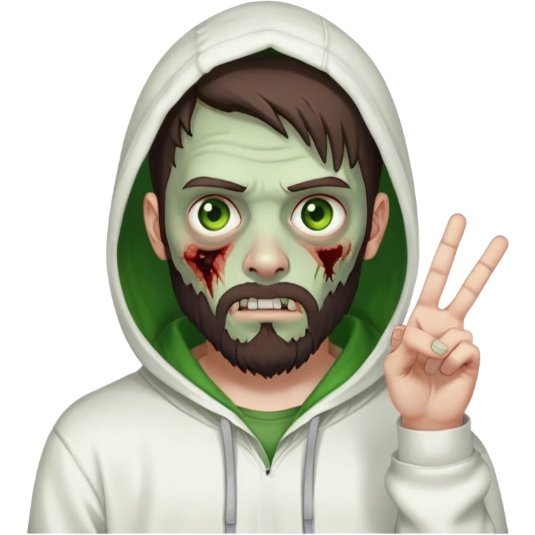 zombie making peace sign, undercut hairstyle with dark brown hair, short full beard, heterochromia with one green eye and one brown eye, wearing plain white hoodie with hood up emoji