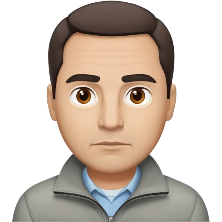 Hispanic actor in his 50s with light skin, round face, wide jaw. Lively brown eyes, thick eyebrows. Short brown hair with receding hairline. Neutral-serious expression. Wearing a casual gray jacket. emoji