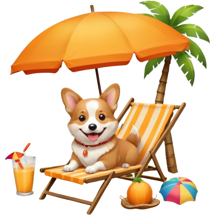 a corgi dog laied on a beach chair, a sunny beach, a sun umbrella, and beach coconut trees. the icon should capture the essence of a relaxing beach vacation with a carefree atmosphere emoji