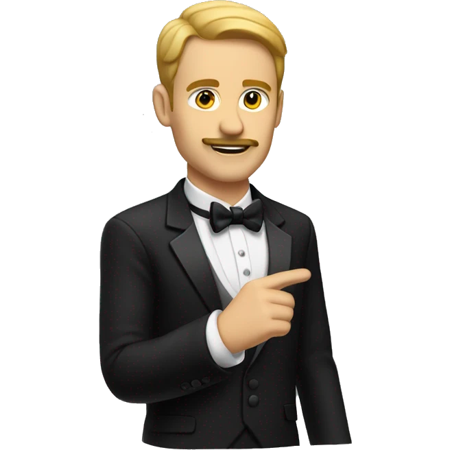 White man with short mustache wearing tuxedo raising right hand emoji