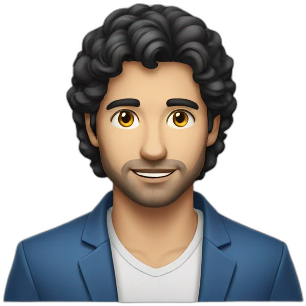 30 years old, man, caucasian, black hair, blue eyes, blazer, t-shirt, handsome emoji