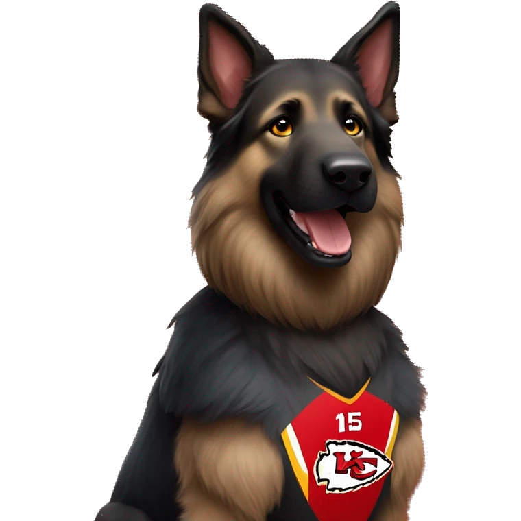 black long haired German Shepherd dog wearing a Kansas City Chiefs jersey with number 15 on the jersey  emoji