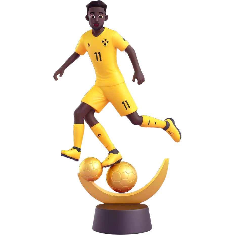 Replace the footballer silhouette on the Ballon d'Or trophy with Ousmane Dembélé's signature silhouette in a dynamic dribbling pose. Keep the 3D emoji style, gold, glossy, with a minimal and transparent background. emoji