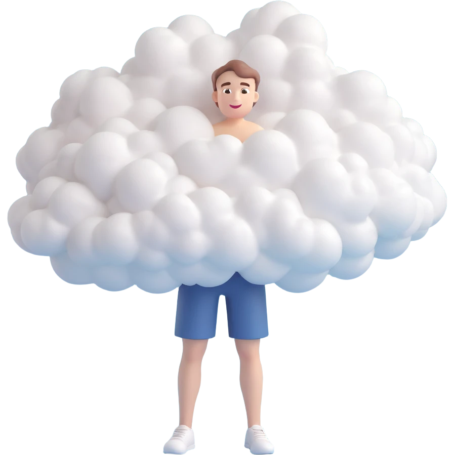 person whose body up to shoulders is entirely made of 3d emoji clouds, clouds form the figure, minimalist illustration emoji