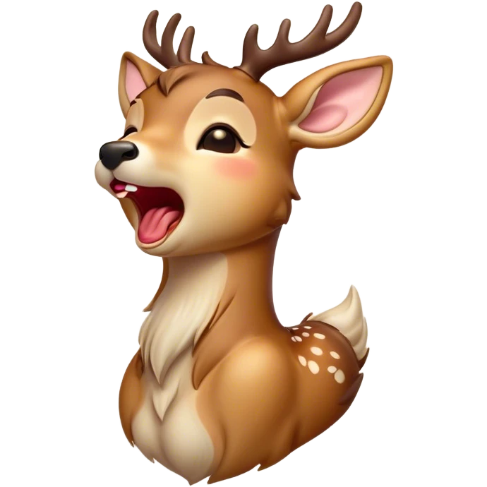 Cinematic Cute Yawning Deer Portrait Emoji, Head tilted slightly with a dramatic, wide-open yawn, revealing a soft, dappled Fur and elegantly drooping ears, eyes barely open in drowsy contentment, Simplified yet irresistibly adorable features, highly detailed, glowing with a soft, cozy glow, high shine, relaxed yet expressive, stylized with a touch of natural whimsy, bright and endearing, soft glowing outline, capturing the essence of a sleepy yet affectionate deer, so drowsy it feels like it could stretch right out of the screen and curl up for a nap! emoji
