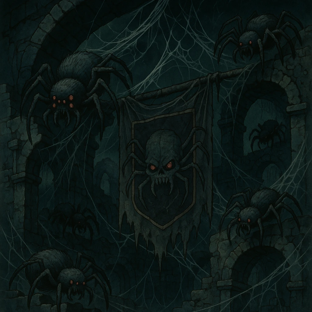 creepy banner, monstrous spiders crawling over webbed ruins, dark fantasy horror style emoji