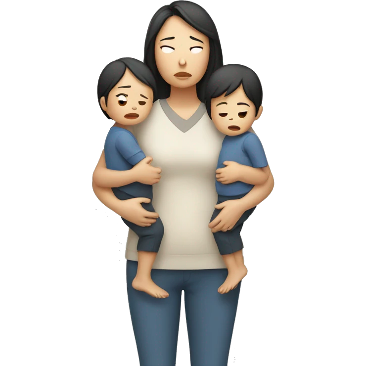 asian sad mum holding two kids, full body standing emoji