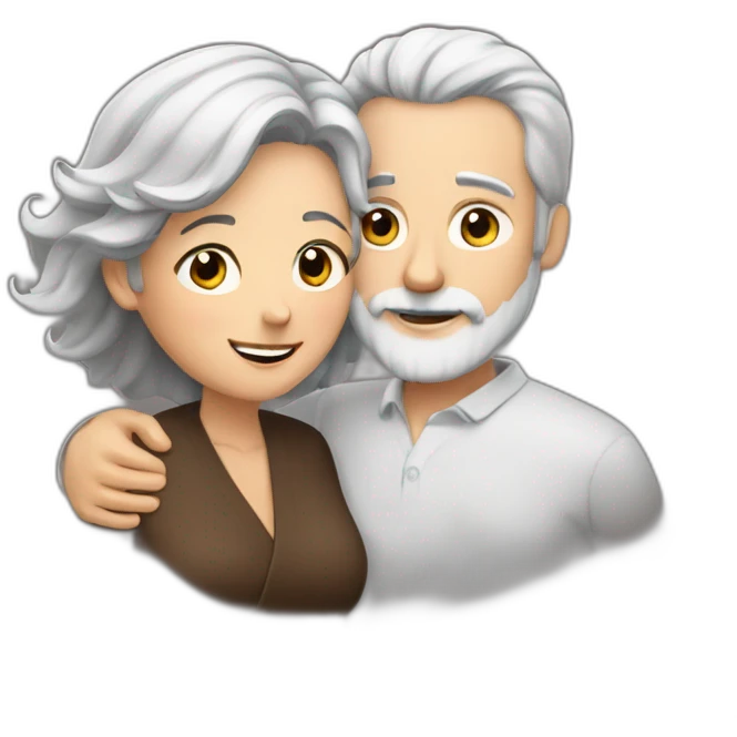 Man with gray hair and white beard hugs woman with dark brown hair emoji