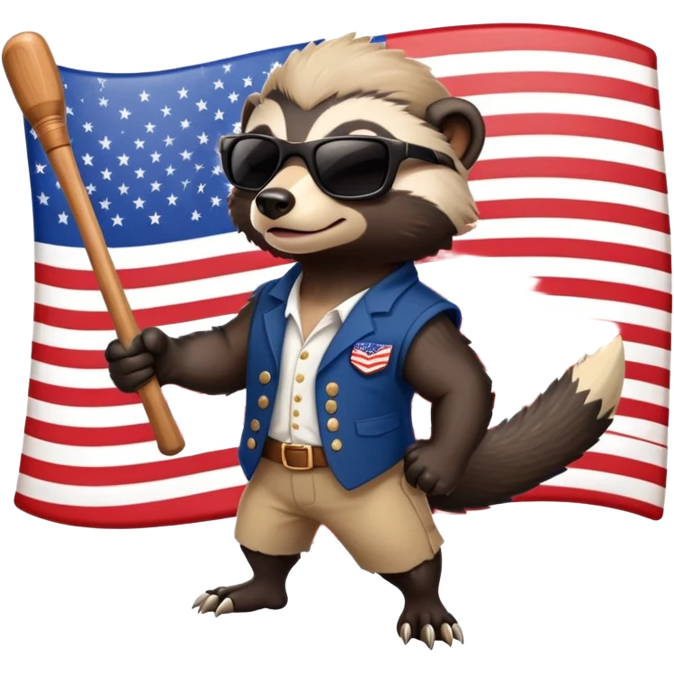 friendly anthropomorphised honey badger in USA Independence Day outfit, wearing sunglasses, carrying a club, dynamic pose emoji