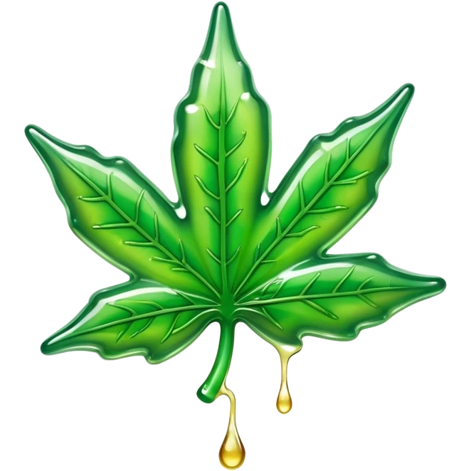 glossy green gusher gummy shaped like a weed leaf with liquid dripping emoji