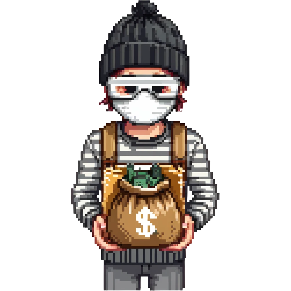 burglar with black and white striped shirt, black beanie, black mask over eyes, holding a moneybag emoji