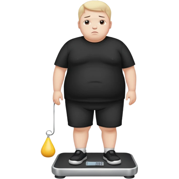 sad fat young boy in black t shirt on weight scale  emoji