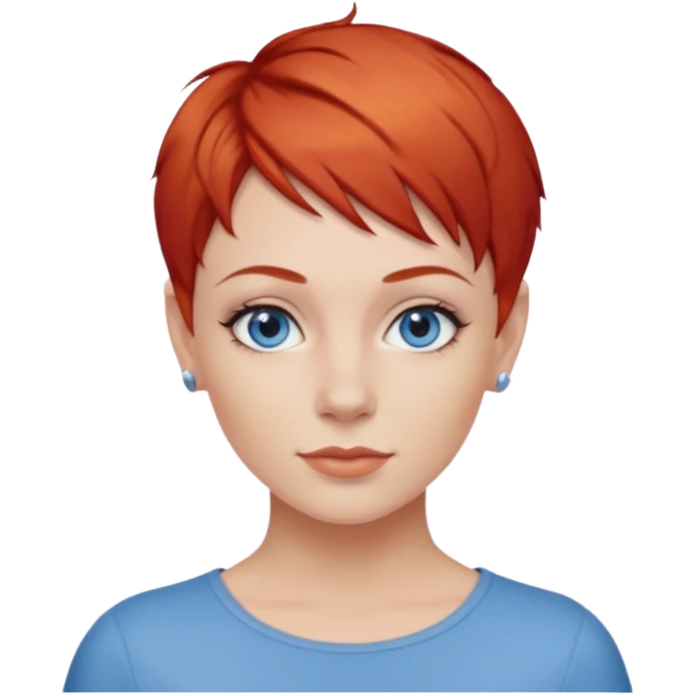 27 year old white woman, red hair, pixie cut, blue eyes emoji