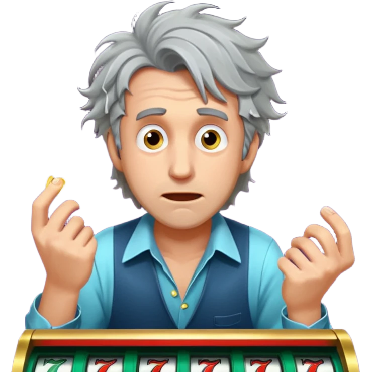disheveled man losing money at a slot machine, panicked face, coins flying emoji