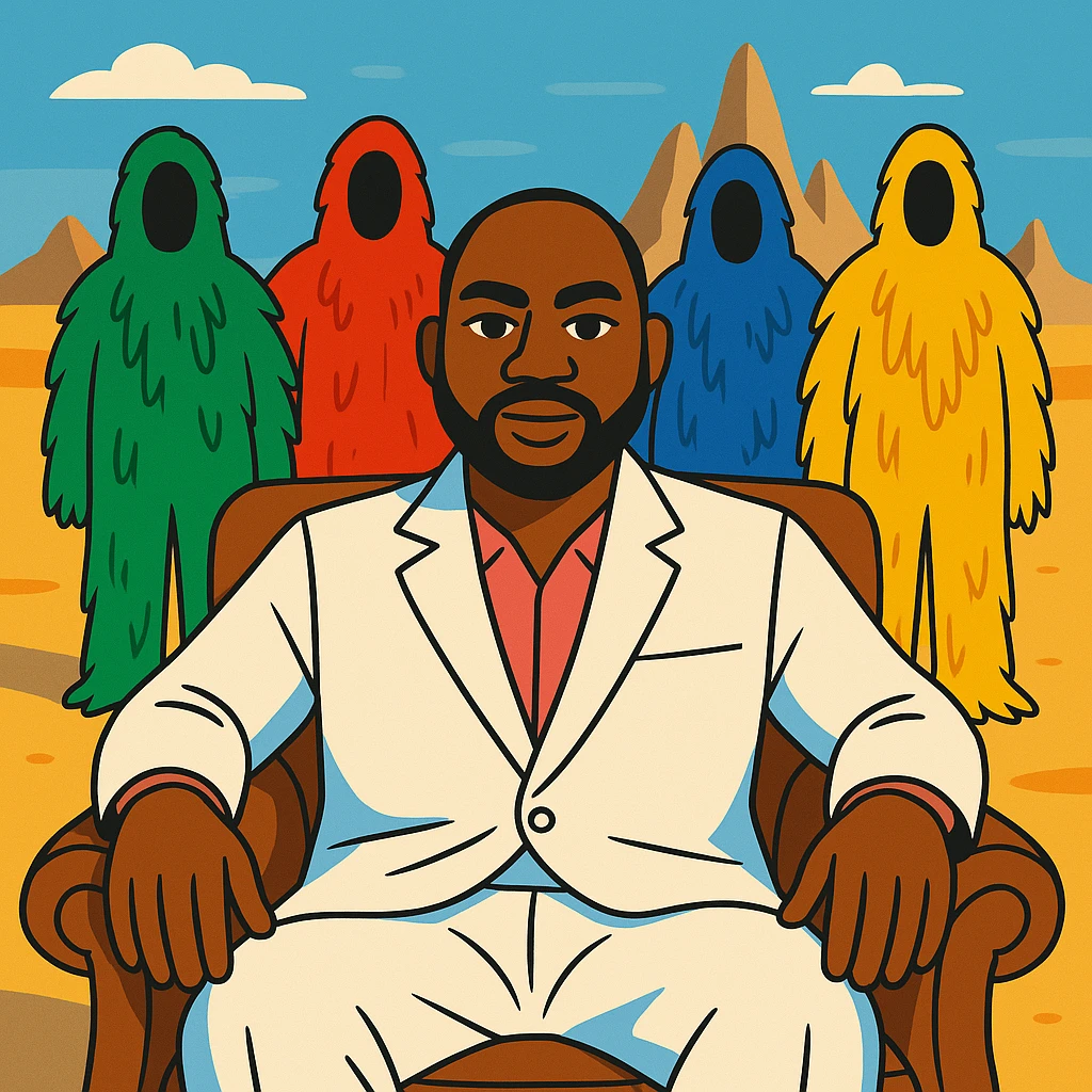 Davido sitting in a brown leather chair, wearing a white suit, with a desert background and four colorful furry characters (green, red, blue, yellow) behind him, inspired by the 'WITH YOU' album cover, in a vibrant toon cartoon style, confident and expressive. emoji