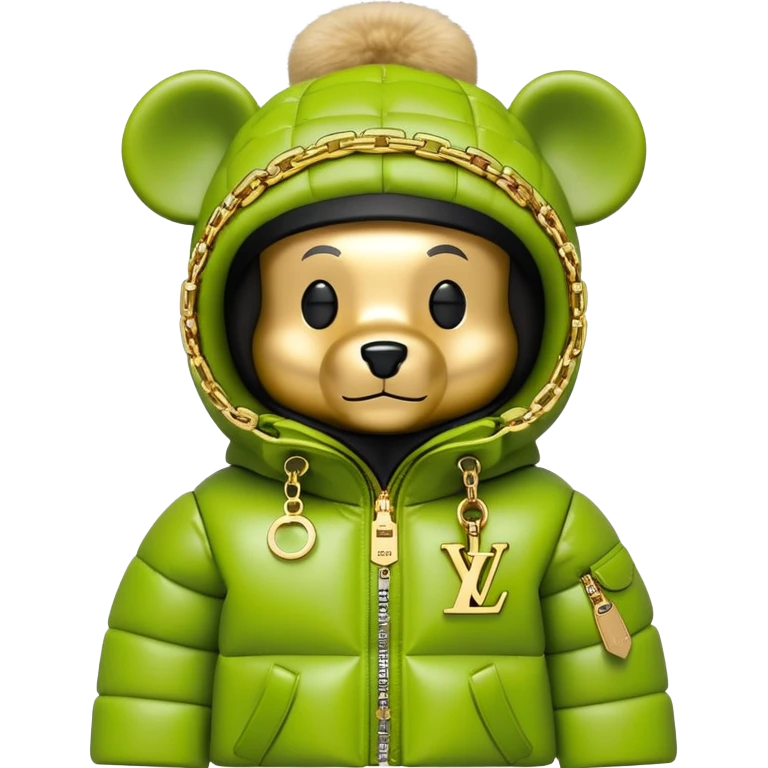 traditional cube-shaped bearbrick toy with squared head, lime balaclava with graffiti logos and integrated dark visor shield, Louis Vuitton monogram puffer jacket with plush fur hood trim, gold chains emoji