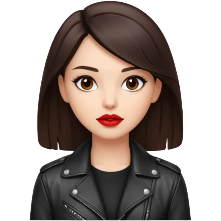 brunet in cuir jacket with red lips and black brown eyes emoji