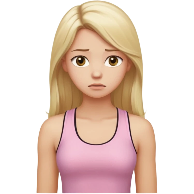 Create a young woman with long blonde hair, golden eyes, and medium-light skin tone, wearing a light pink tank top and leggings. She should be in portrait mode, but with a subtle doubting facial expression—slightly raised eyebrow, small frown, .  and her hand next to her chin like this emoji 🤔 emoji