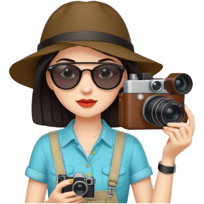 dark haired woman fotographer with summer clothes and sun glasses emoji