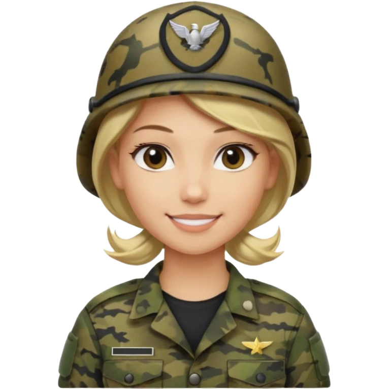 Apple-style emoji: female soldier, bust, no cap/helmet, friendly smile, generic camo top,  black color blonde hair emoji