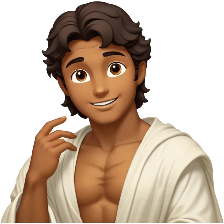 Cinematic Realistic Hercules Portrait, head tilted playfully and inquisitively, showcasing a charming blend of Disney heroic charisma and the refined grace of Michelangelo's David. His sun-kissed bronze skin and thick, wavy dark hair are rendered with classical precision, complementing a warm, inviting smile and sparkling, mischievous eyes. Clad in a softly draped white robe with subtle golden details, he exudes approachable strength under gentle, natural lighting. emoji