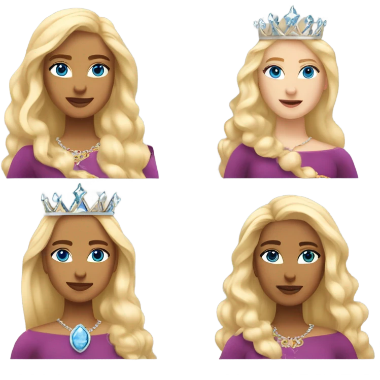 A queen with blonde hair, blue eyes, a crown, and sleek, smooth hair  emoji