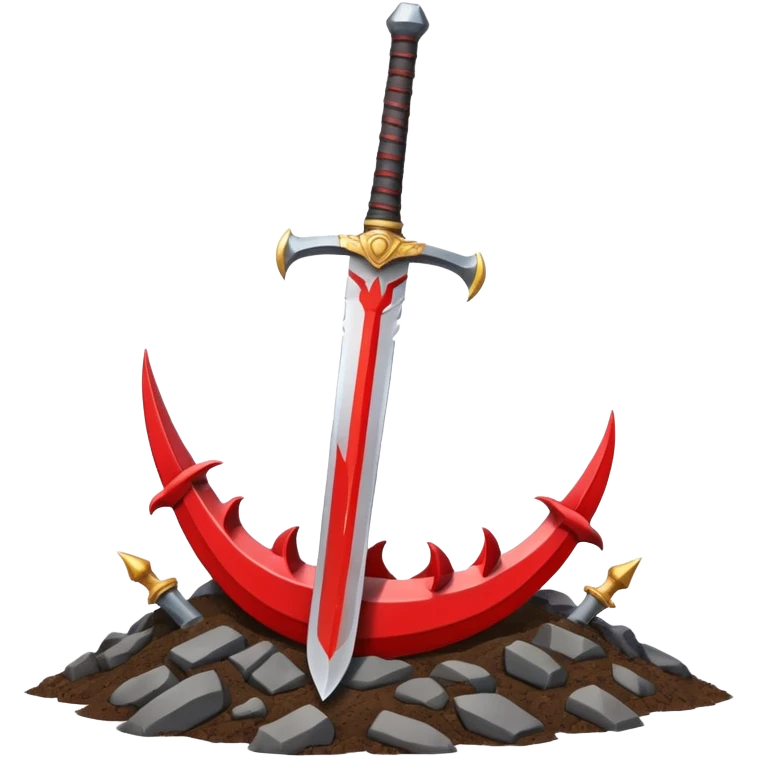 stylized emoji of a massive sword stuck in the ground with a red flag with a dragon head behind it evoking readiness and challenge clean bold WhatsApp emoji style emoji