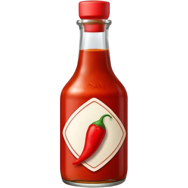 glass bottle of red hot sauce with small chili icon on label emoji