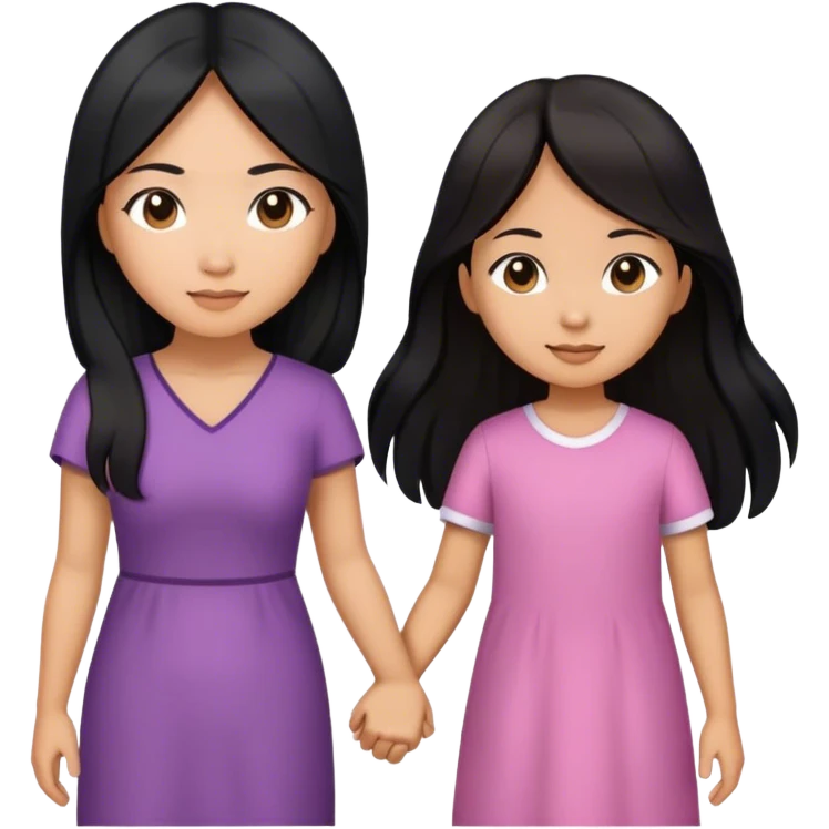 Asian Young mother with black long hair and 11 years old Asian daughter with long brown hair  emoji