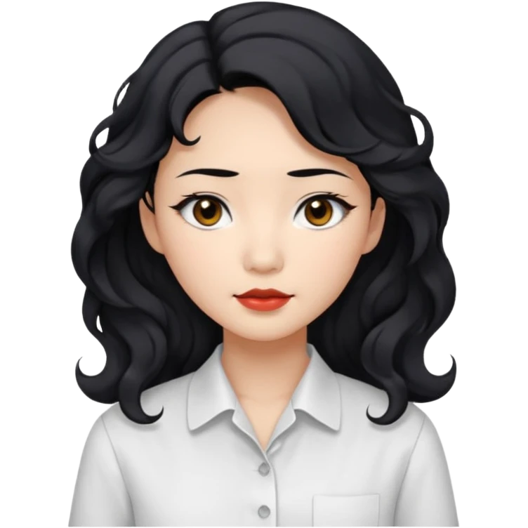 Asian woman, black hair, long permed wavy hair, white button-up shirt, flat colors, transparent background, black eyes emoji