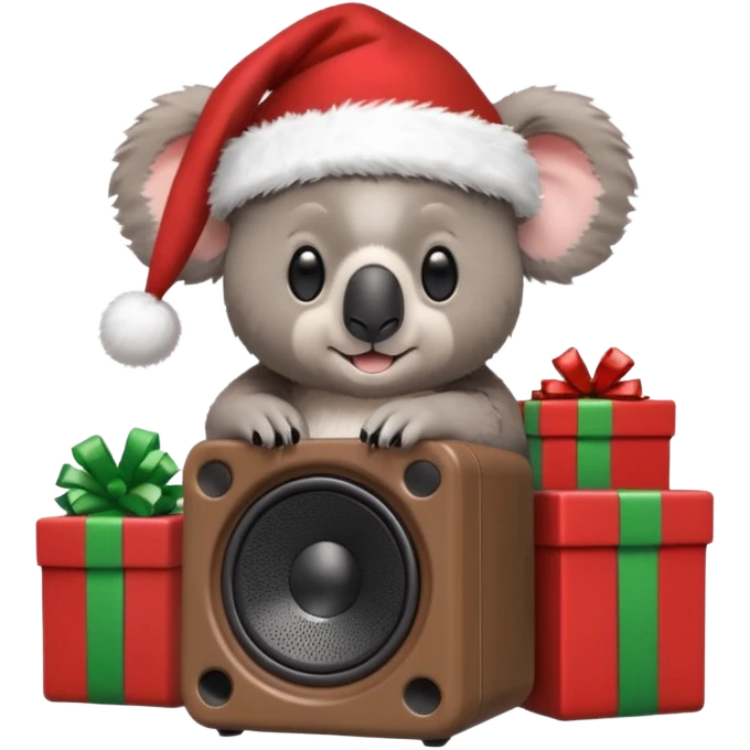 Koala sitting on toniebox speaker with a santa hat and presents around him, make the backroun festive emoji